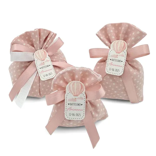 Sacchetti Nascita e Battesimo Pois Rosa con Tag Mongolfiera – Made in Italy Liete Creazioni - 7