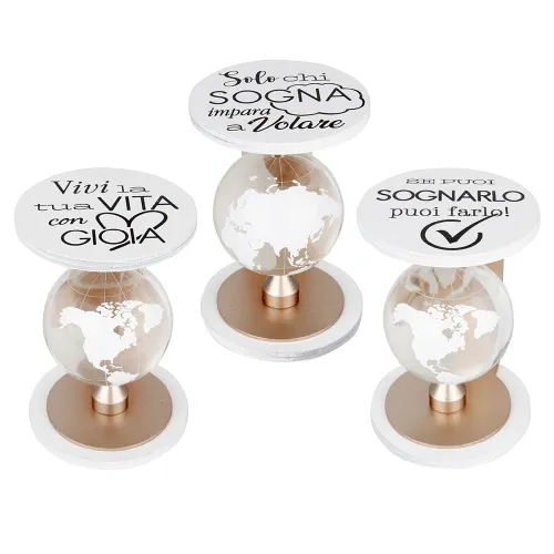 Bomboniera Mappamondo bianco oro in legno e vetro – Linea Volando (3 frasi) ETM - 1