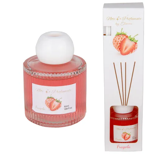 Diffusore 50 ml Fragola Linea Aroma in Vetro con Tappo Bianco e Bacchette – Scatola Inclusa ETM - 1