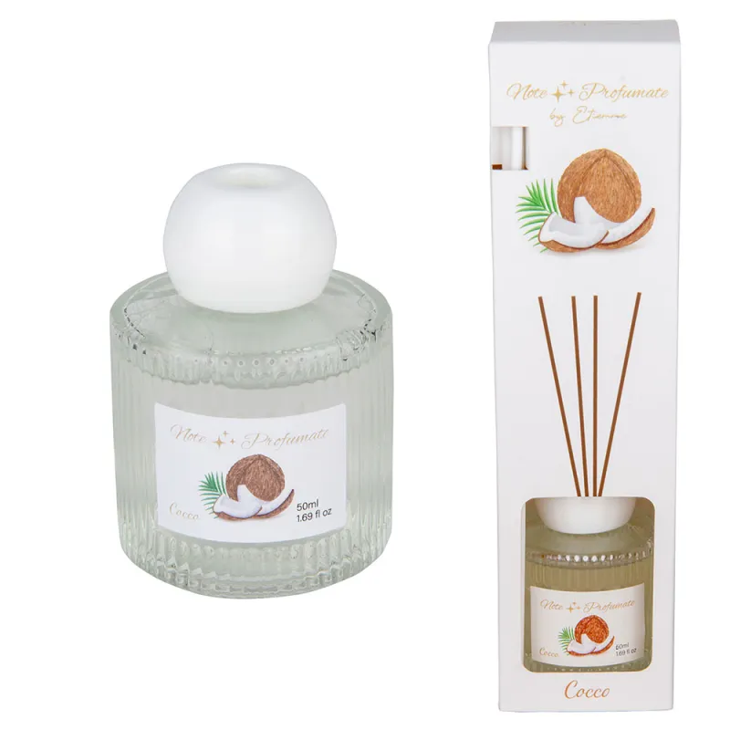 Diffusore 50 ml Cocco Linea Aroma in Vetro con Tappo Bianco e Bacchette – Scatola Inclusa ETM - 1