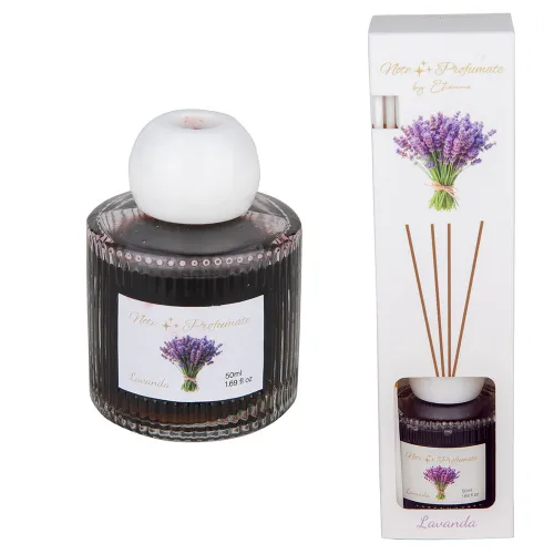 Diffusore 50 ml Lavanda Linea Aroma in Vetro con Tappo Bianco e Bacchette – Scatola Inclusa ETM - 1