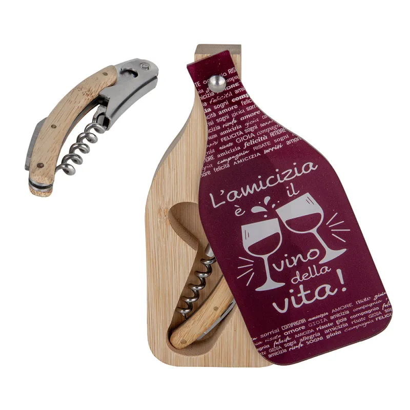 Cavatappi su Box Bottiglia in Legno con Coperchio Bordeaux e Frase – Bomboniera Matrimonio (Senza Scatola) ETM - 1