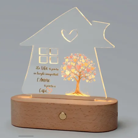 copy of Lampada LED Casetta in Plexi Beige con Albero e Base in Legno – Bomboniera Matrimonio AD - 1