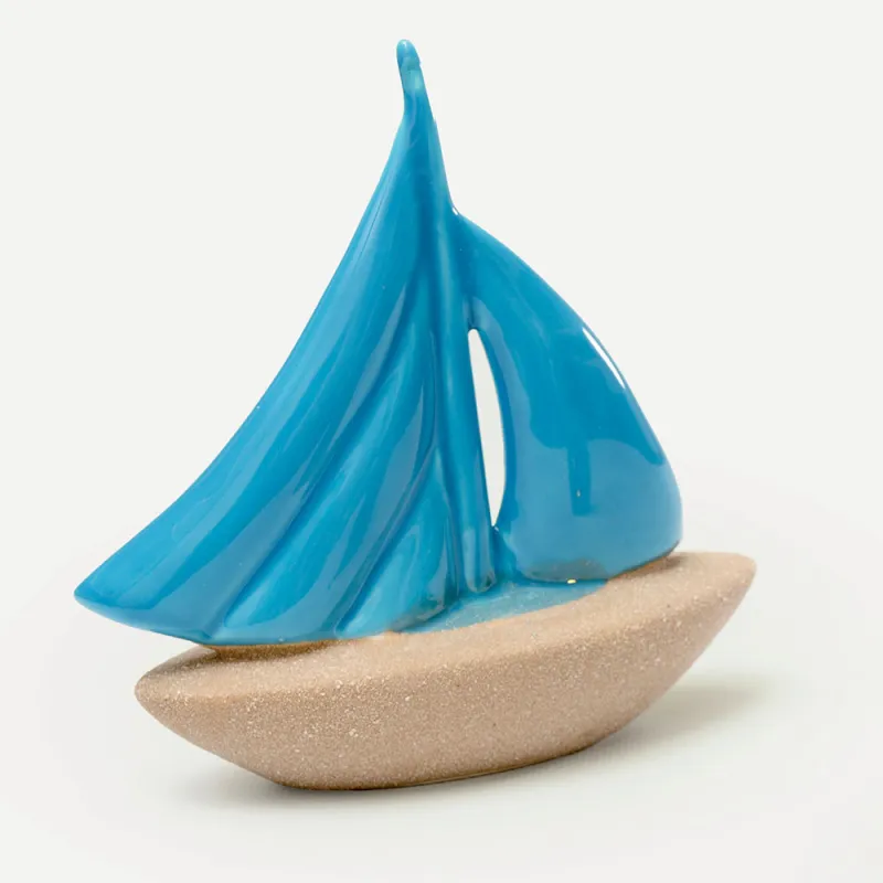 Barca a Vela in Porcellana Azzurro/Sabbia – Bomboniera Tema Mare AD - 1