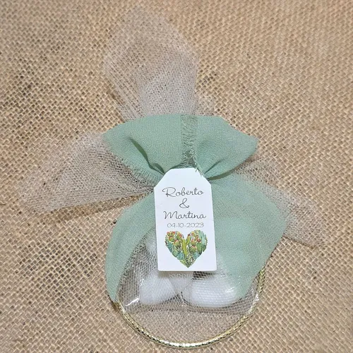 Bomboniera Anello Dorato con Confetti e Fiocco in Chiffon Verde Salvia  - 1