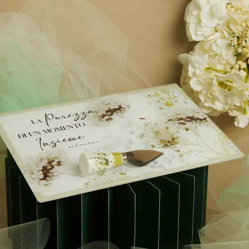 Tagliere in vetro con coltello Claraluna 2026 – Decoro floreale verde Claraluna - 1