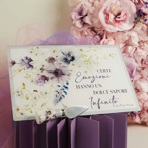 Tagliere in vetro con coltello Claraluna 2026 – Decoro floreale lilla Claraluna - 1