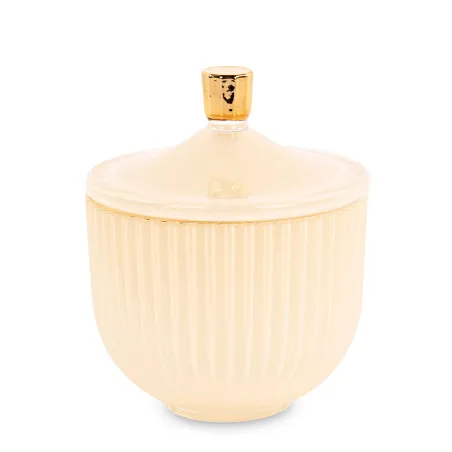 Bomboniera matrimonio potiche in vetro plissé crema con tappo oro Cupido - 1