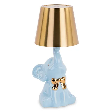 Lampada Elefantino Azzurro Ricaricabile con Paralume Oro – Bomboniera Battesimo Bimbo Cupido - 1