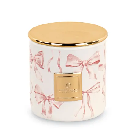 Bomboniera battesimo candela fiocchi rosa e coperchio oro Cupido - 1