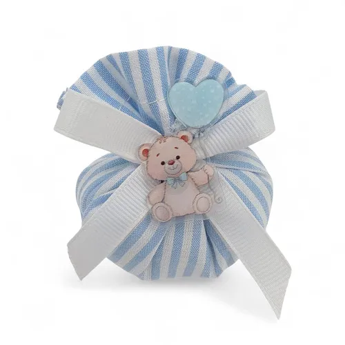 Sacchetto battesimo celeste a righe fagottino con orsetto plex e confetti Liete Creazioni - 1