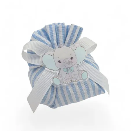 Sacchetto battesimo celeste a righe fagottino con elefantino plex e confetti Liete Creazioni - 1