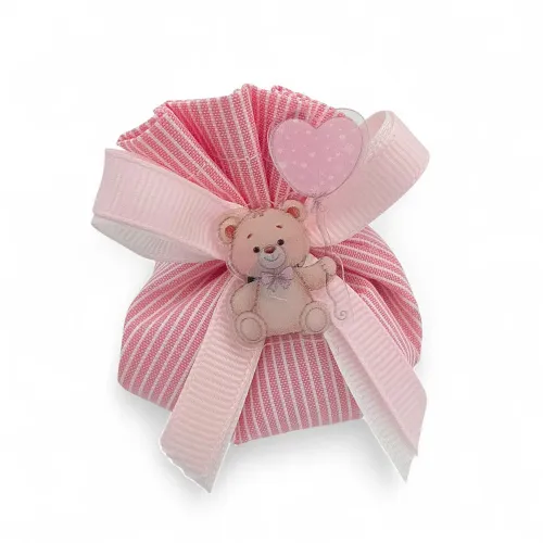 Sacchetto battesimo rosa fagottino a righe con orsetto e confetti Liete Creazioni - 1