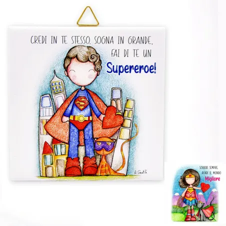 Bomboniera solidale mattonella ceramica supereroi