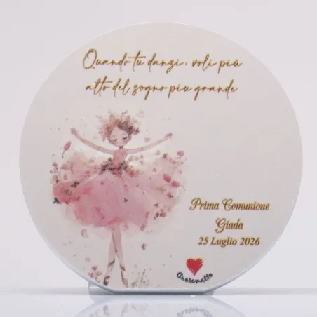 Quadretto Tondo Ballerina Cuorematto 2026 — bomboniera solidale Prima Comunione