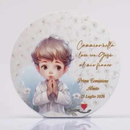 Bomboniera Solidale Cuorematto 2026 - Quadretto Tondo con Bimbo che Prega e Frase Motivazionale