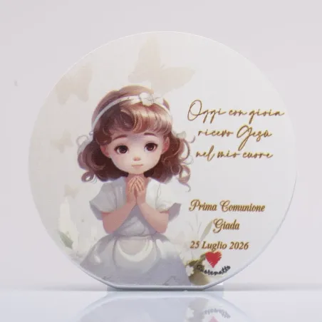 Bomboniera Solidale Cuorematto 2026 - Quadretto Tondo con Bimba che Prega e Frase Motivazionale