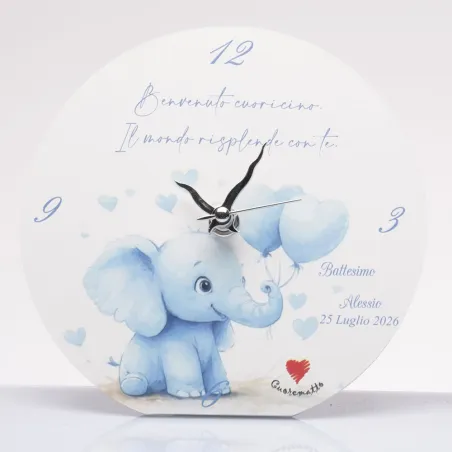 Bomboniera Solidale Cuorematto 2026 - Orologio Tondo da Poggio con Elefantino Celeste e Palloncini per Battesimo