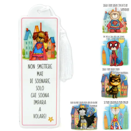 Bomboniera solidale segnalibro plexiglass cuccioli supereroi