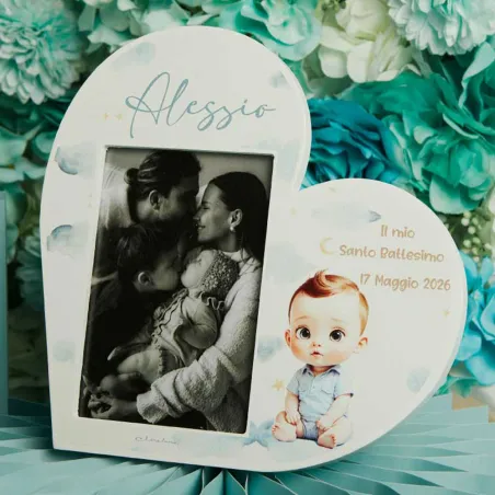 Bomboniera Battesimo Claraluna 2026 – Porta Foto Cuore con Bimbo Celeste