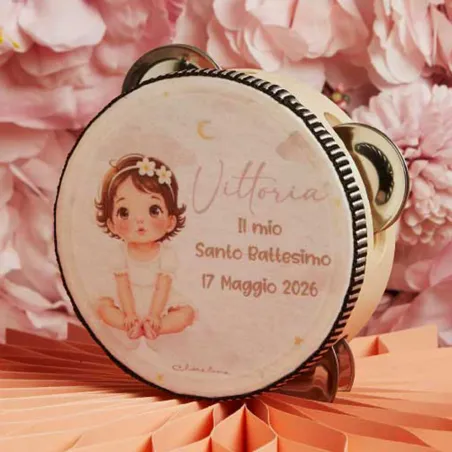 Bomboniera Battesimo Claraluna 2026 - Tamburello con Bimba Rosa