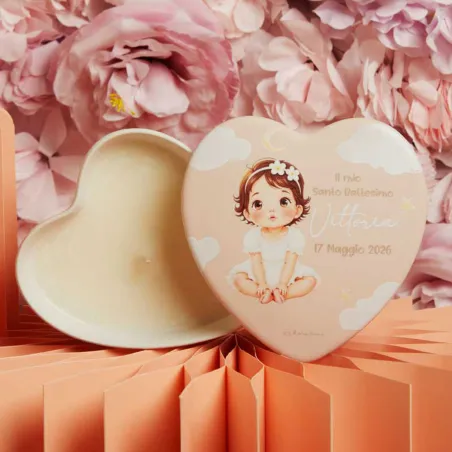 Bomboniera Battesimo Claraluna 2026 - Scatola Cuore Bimba Rosa con Candela