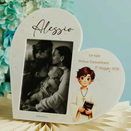 Bomboniera Prima Comunione Claraluna 2026 - Porta Foto Cuore con Bimbo