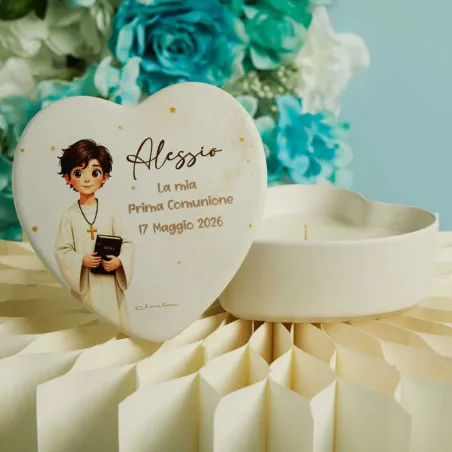 Bomboniera Battesimo Claraluna 2026 – Scatola Cuore Bimbo con Candela e Scatola Botanica Celeste