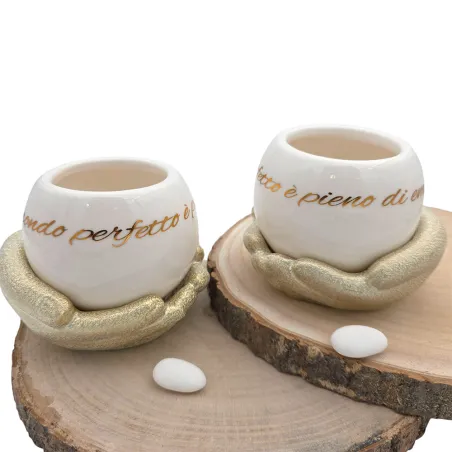 Portapianta Sfera Bianca su Mani in Porcellana con Frase – 2 Modelli Assortiti