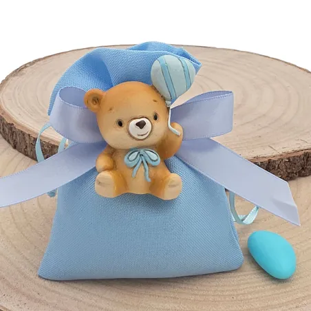 Sacchetto Battesimo Bimbo Celeste con Orsetto e Confetti Personalizzabile