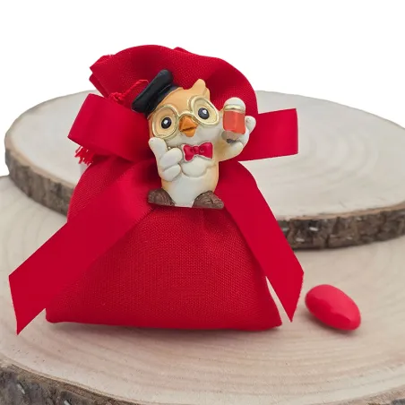 Sacchetto Laurea Rosso con Gufo in Resina e Confetti Personalizzabile