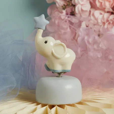 Bomboniera Battesimo Claraluna 2026 Carillon Elefantino Celeste in Porcellana