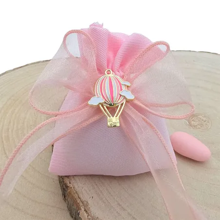 Sacchetto Nascita e Battesimo in Cotone Rosa con Fiocco in Organza e 5 Confetti