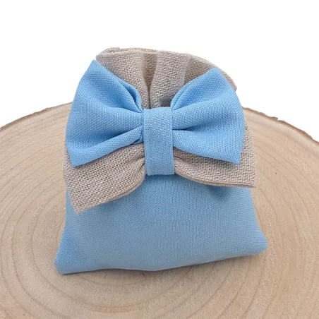 Sacchetto Nascita e Battesimo in Cotone Celeste con Fiocco Bicolore e 5 Confetti