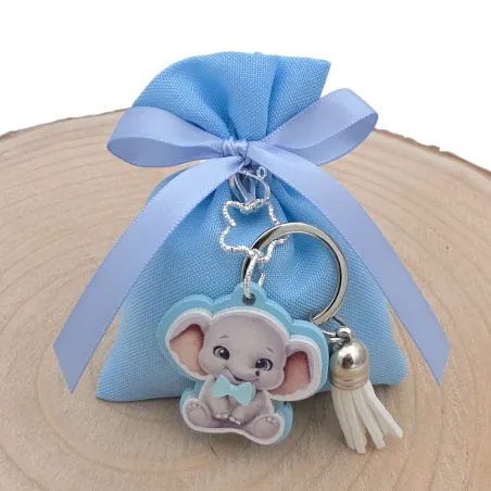 Sacchetto Nascita e Battesimo in Cotone Celeste con Portachiavi Elefantino e 5 Confetti