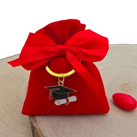 Sacchetto Laurea in Cotone Rosso con Portachiavi Tocco e 5 Confetti