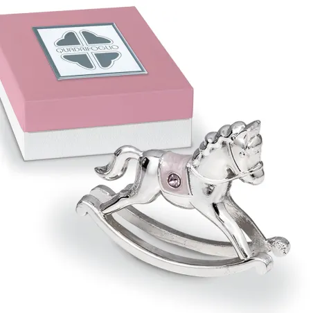 Bomboniera Solidale Quadrifoglio Battesimo Cavalluccio a Dondolo Argentato con Sella Rosa e Scatola Abbinata