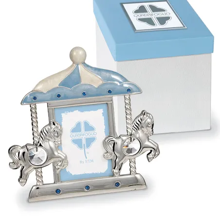 Bomboniera Solidale Quadrifoglio Battesimo Bimbo Portafoto Giostra Celeste con Cavallucci Argentati e Scatola Abbinata
