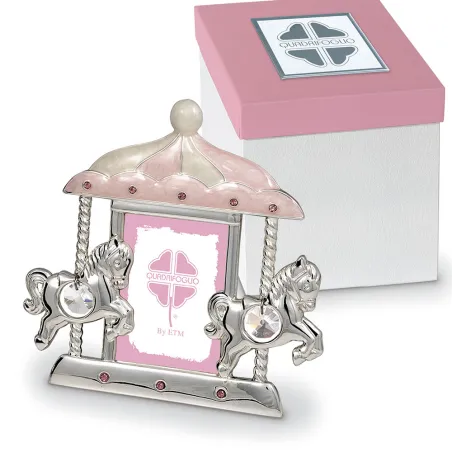 Bomboniera Solidale Quadrifoglio Battesimo Bimba Portafoto Giostra Rosa con Cavallucci Argentati e Scatola Abbinata