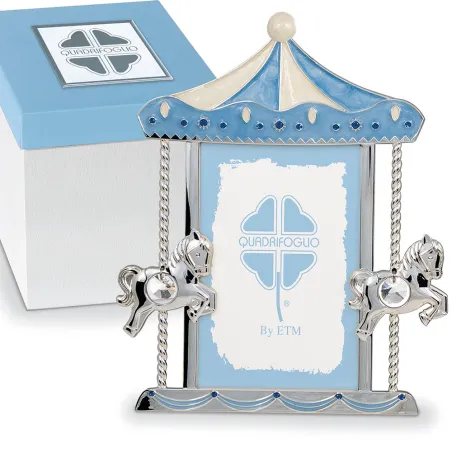 Bomboniera Solidale Quadrifoglio Battesimo Bimbo Portafoto Grande Giostra Celeste con Cavallucci Argentati e Scatola Abbinata