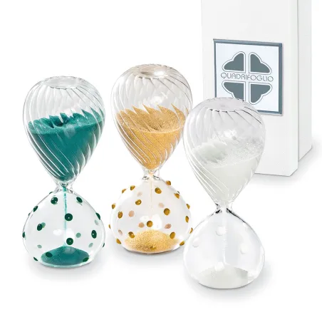 Bomboniera Solidale Quadrifoglio® Matrimonio Linea Cristallo – Clessidra Media in Vetro a Pois con Scatola
