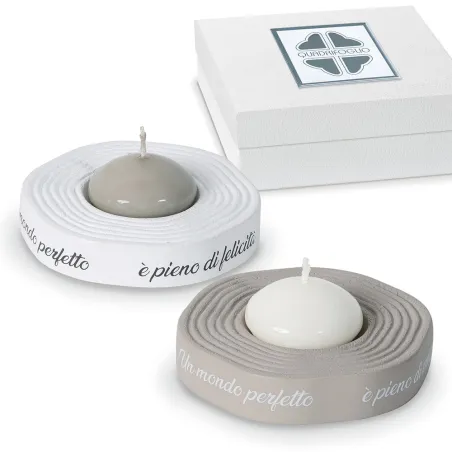 Bomboniera Solidale Quadrifoglio® Matrimonio Linea Rubino – Porta Candela Basso con Frase Motivazionale (2 Colori Assortiti)