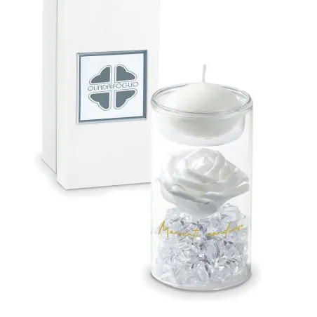 Bomboniera Solidale Quadrifoglio® Matrimonio Linea Platino – Tubo in Vetro Porta Candela con Rosa Bianca con Scatola Inclusa