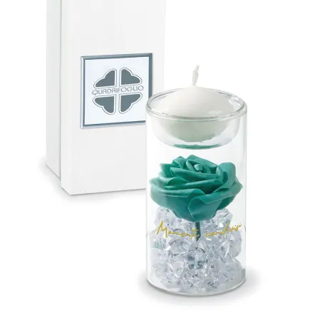 Bomboniera Solidale Quadrifoglio® Matrimonio Linea Platino – Tubo in Vetro Porta Candela con Rosa Verde con Scatola Inclusa