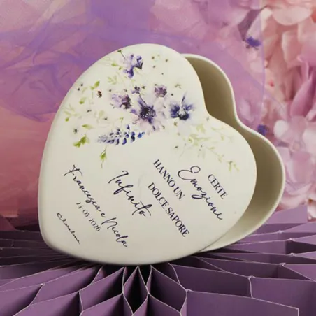 Bomboniera Personalizzata Claraluna Scatola Cuore Floreale Lilla con Scatola Botanica Oro