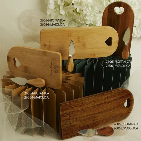 Bomboniera Personalizzata Claraluna Tagliere in Acacia o Bambù con Coltellino e Scatola Botanica Oro o Maiolica