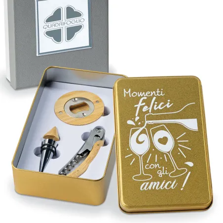 Bomboniera Solidale Quadrifoglio® Matrimonio Linea Rame – Set 3 Pezzi Sommelier in Scatola di Latta con Astuccio Incluso