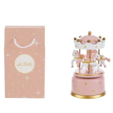 Bomboniera battesimo bimba giostra carillon in legno con cavallucci rosa