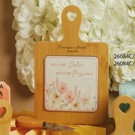 Bomboniera Claraluna Tagliere in Bamboo + Coltellino – Decoro Floreale Rosa + Frase Motivazionale (Scatola Botanica o Maiolica)