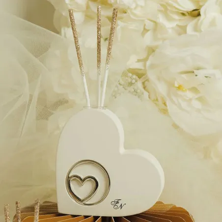 Bomboniera Claraluna Diffusore Profumo con Cuore Silver – Personalizzato (Essenza + Bacchette + Scatola a Scelta Inclusa)